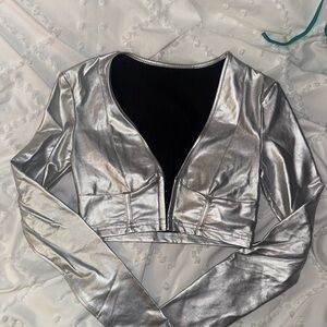 Silver Metallic Long Sleeve Crop Top